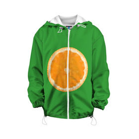 Детская куртка 3D с принтом Низкополигональный апельсин , 100% полиэстер | застежка — молния, подол и капюшон оформлены резинкой с фиксаторами, по бокам — два кармана без застежек, один потайной карман на груди, плотность верхнего слоя — 90 г/м2; плотность флисового подклада — 260 г/м2 | lowpoly | polygonal | апельсин | зеленый | оранджевый | полигон | полигональный | полигоны | яркий