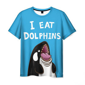 Мужская футболка 3D с принтом Я ем дельфинов , 100% полиэфир | прямой крой, круглый вырез горловины, длина до линии бедер | дельфины | касатка