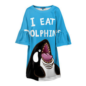 Детское платье 3D с принтом Я ем дельфинов , 100% полиэстер | прямой силуэт, чуть расширенный к низу. Круглая горловина, на рукавах — воланы | Тематика изображения на принте: дельфины | касатка