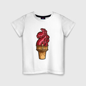 Детская футболка хлопок с принтом Мороженко , 100% хлопок | круглый вырез горловины, полуприлегающий силуэт, длина до линии бедер | мороженое | осьминог | рожок | тентакли
