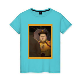 Женская футболка хлопок с принтом Счастливый Ким , 100% хлопок | прямой крой, круглый вырез горловины, длина до линии бедер, слегка спущенное плечо | ким чен ын | северная корея