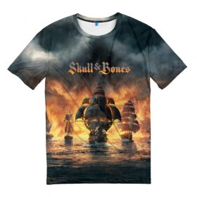 Мужская футболка 3D с принтом Skull and Bones , 100% полиэфир | прямой крой, круглый вырез горловины, длина до линии бедер | игра | корабль | кости | море | огонь | пират | пламя | череп
