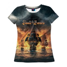 Женская футболка 3D с принтом Skull and Bones , 100% полиэфир ( синтетическое хлопкоподобное полотно) | прямой крой, круглый вырез горловины, длина до линии бедер | Тематика изображения на принте: игра | корабль | кости | море | огонь | пират | пламя | череп