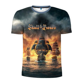 Мужская футболка 3D спортивная с принтом Skull and Bones , 100% полиэстер с улучшенными характеристиками | приталенный силуэт, круглая горловина, широкие плечи, сужается к линии бедра | Тематика изображения на принте: игра | корабль | кости | море | огонь | пират | пламя | череп