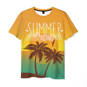 Мужская футболка 3D с принтом Летний пляж , 100% полиэфир | прямой крой, круглый вырез горловины, длина до линии бедер | summer | sun | лето | море | пальмы | пляж | солнце | чайка