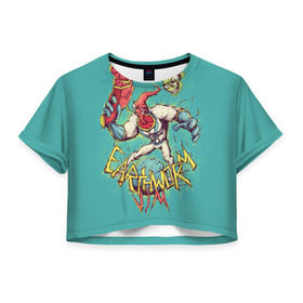 Женская футболка 3D укороченная с принтом Червяк Джим , 100% полиэстер | круглая горловина, длина футболки до линии талии, рукава с отворотами | earthworm jim | космический червяк | червяк джим | червячок джим