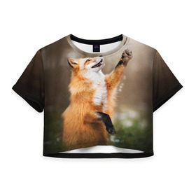 Женская футболка 3D укороченная с принтом Лиса , 100% полиэстер | круглая горловина, длина футболки до линии талии, рукава с отворотами | лапа | лес | лис | лисица | лисичка