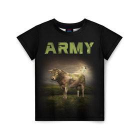 Детская футболка 3D с принтом Корова ARMY (армия) , 100% гипоаллергенный полиэфир | прямой крой, круглый вырез горловины, длина до линии бедер, чуть спущенное плечо, ткань немного тянется | 