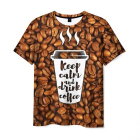 Мужская футболка 3D с принтом keep calm and drink coffee , 100% полиэфир | прямой крой, круглый вырез горловины, длина до линии бедер | Тематика изображения на принте: coffee | keep calm | кофе
