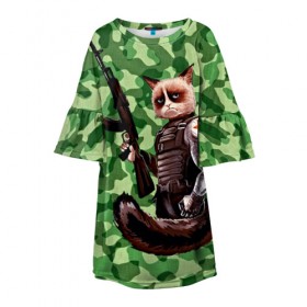 Детское платье 3D с принтом Воинственный кот , 100% полиэстер | прямой силуэт, чуть расширенный к низу. Круглая горловина, на рукавах — воланы | армия | арт | воин | животные | камуфляж | оружие