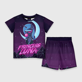 Детский костюм с шортами 3D с принтом Retrowave Luna ,  |  | 8 bit | 8 бит | alicorn | luna | moon | mountain | my little pony | pixel | pony | princess luna | retrowave | synthwave | unicorn | горы | луна | пиксель арт | пони | ретровейв