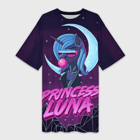 Платье-футболка 3D с принтом Retrowave Luna ,  |  | 8 bit | 8 бит | alicorn | luna | moon | mountain | my little pony | pixel | pony | princess luna | retrowave | synthwave | unicorn | горы | луна | пиксель арт | пони | ретровейв