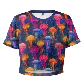 Женская футболка 3D укороченная с принтом Медузы , 100% полиэстер | круглая горловина, длина футболки до линии талии, рукава с отворотами | лето | медузы | море | океан. рыбы | подводный мир