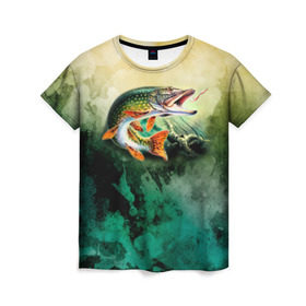 Женская футболка 3D с принтом Удача , 100% полиэфир ( синтетическое хлопкоподобное полотно) | прямой крой, круглый вырез горловины, длина до линии бедер | вода | река | рыба | рыбак | рыбалка | щука
