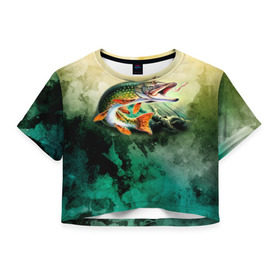 Женская футболка 3D укороченная с принтом Удача , 100% полиэстер | круглая горловина, длина футболки до линии талии, рукава с отворотами | вода | река | рыба | рыбак | рыбалка | щука