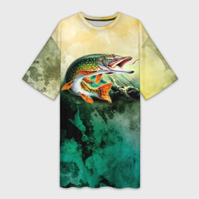 Платье-футболка 3D с принтом Удача ,  |  | вода | река | рыба | рыбак | рыбалка | щука