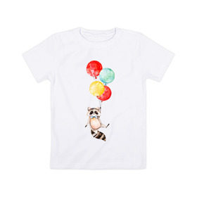 Детская футболка хлопок с принтом Енот , 100% хлопок | круглый вырез горловины, полуприлегающий силуэт, длина до линии бедер | акварель | бабочка | воздушный | иллюстрация | илюстрация | полет | рисунок | шарик