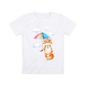 Детская футболка хлопок с принтом Лис , 100% хлопок | круглый вырез горловины, полуприлегающий силуэт, длина до линии бедер | акварель | зонт | иллюстрация | облака