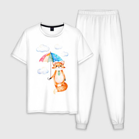Мужская пижама хлопок с принтом Лис , 100% хлопок | брюки и футболка прямого кроя, без карманов, на брюках мягкая резинка на поясе и по низу штанин
 | Тематика изображения на принте: акварель | зонт | иллюстрация | облака