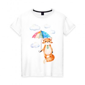 Женская футболка хлопок с принтом Лис , 100% хлопок | прямой крой, круглый вырез горловины, длина до линии бедер, слегка спущенное плечо | акварель | зонт | иллюстрация | облака