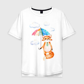 Мужская футболка хлопок Oversize с принтом Лис , 100% хлопок | свободный крой, круглый ворот, “спинка” длиннее передней части | акварель | зонт | иллюстрация | облака