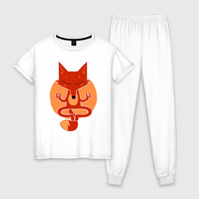 Женская пижама хлопок с принтом Inner Fox , 100% хлопок | брюки и футболка прямого кроя, без карманов, на брюках мягкая резинка на поясе и по низу штанин | Тематика изображения на принте: fox | йога | лис | лиса | медитация