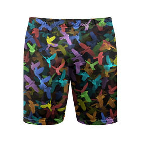 Мужские шорты 3D спортивные с принтом Разноцветные птички ,  |  | ворбьи | куча | паттерн | птица | птицы | радуга | радужный | синцы | стая | текстура