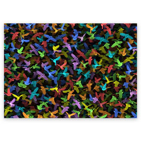 Поздравительная открытка с принтом Разноцветные птички , 100% бумага | плотность бумаги 280 г/м2, матовая, на обратной стороне линовка и место для марки
 | ворбьи | куча | паттерн | птица | птицы | радуга | радужный | синцы | стая | текстура