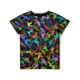 Детская футболка 3D с принтом Разноцветные птички , 100% гипоаллергенный полиэфир | прямой крой, круглый вырез горловины, длина до линии бедер, чуть спущенное плечо, ткань немного тянется | ворбьи | куча | паттерн | птица | птицы | радуга | радужный | синцы | стая | текстура