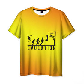 Мужская футболка 3D с принтом Эволюция баскетбола , 100% полиэфир | прямой крой, круглый вырез горловины, длина до линии бедер | Тематика изображения на принте: basketball | evolution | желтый | обезьяна человек | оранжевый | эволюция