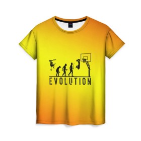 Женская футболка 3D с принтом Эволюция баскетбола , 100% полиэфир ( синтетическое хлопкоподобное полотно) | прямой крой, круглый вырез горловины, длина до линии бедер | Тематика изображения на принте: basketball | evolution | желтый | обезьяна человек | оранжевый | эволюция