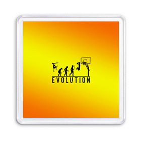 Магнит 55*55 с принтом Эволюция баскетбола , Пластик | Размер: 65*65 мм; Размер печати: 55*55 мм | Тематика изображения на принте: basketball | evolution | желтый | обезьяна человек | оранжевый | эволюция
