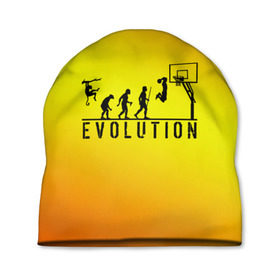 Шапка 3D с принтом Эволюция баскетбола , 100% полиэстер | универсальный размер, печать по всей поверхности изделия | Тематика изображения на принте: basketball | evolution | желтый | обезьяна человек | оранжевый | эволюция