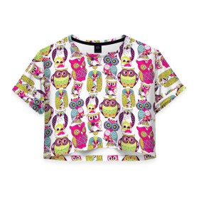 Женская футболка 3D укороченная с принтом Совы , 100% полиэстер | круглая горловина, длина футболки до линии талии, рукава с отворотами | абстракция | паттерн | совы | цветные | яркие