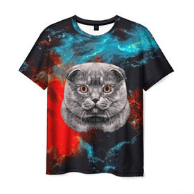 Мужская футболка 3D с принтом Космический кот , 100% полиэфир | прямой крой, круглый вырез горловины, длина до линии бедер | 3d | cat | арт | взгляд | кот | кот хипстер | котёнок | котятки | котятушки | кошечки | кошка | мордочка