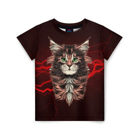 Детская футболка 3D с принтом Electro cat , 100% гипоаллергенный полиэфир | прямой крой, круглый вырез горловины, длина до линии бедер, чуть спущенное плечо, ткань немного тянется | Тематика изображения на принте: cat | взгляд | кот | кот хипстер | котёнок | котятки | кошка | молния | мордочка | разряд | электричество
