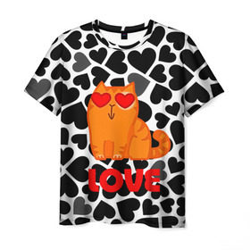 Мужская футболка 3D с принтом Влюбленный котик , 100% полиэфир | прямой крой, круглый вырез горловины, длина до линии бедер | Тематика изображения на принте: сердечки
