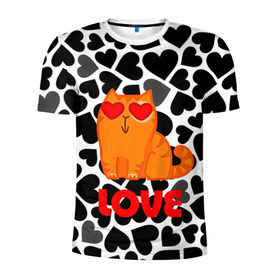 Мужская футболка 3D спортивная с принтом Влюбленный котик , 100% полиэстер с улучшенными характеристиками | приталенный силуэт, круглая горловина, широкие плечи, сужается к линии бедра | сердечки