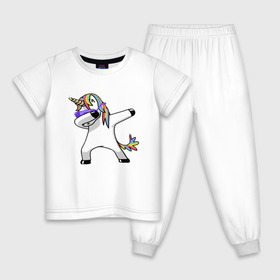 Детская пижама хлопок с принтом Unicorn dab , 100% хлопок |  брюки и футболка прямого кроя, без карманов, на брюках мягкая резинка на поясе и по низу штанин
 | арт | единорог | животные | музыка