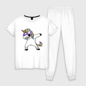 Женская пижама хлопок с принтом Unicorn dab , 100% хлопок | брюки и футболка прямого кроя, без карманов, на брюках мягкая резинка на поясе и по низу штанин | арт | единорог | животные | музыка