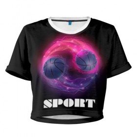 Женская футболка 3D укороченная с принтом basketball , 100% полиэстер | круглая горловина, длина футболки до линии талии, рукава с отворотами | basketball | баскетбольный мяч | инь | мяч | небо | ян