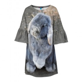 Детское платье 3D с принтом Кролик , 100% полиэстер | прямой силуэт, чуть расширенный к низу. Круглая горловина, на рукавах — воланы | Тематика изображения на принте: грызун | животные | заяц | кролик | мордочка | природа | пушистый | уши