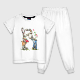 Детская пижама хлопок с принтом Любовь , 100% хлопок |  брюки и футболка прямого кроя, без карманов, на брюках мягкая резинка на поясе и по низу штанин
 | акварель | зайчиха | заяц | игрушка | кролики | мимими | плюшевый | рисунок | ягода