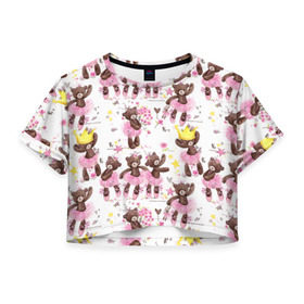 Женская футболка 3D укороченная с принтом Плюшевые мишки , 100% полиэстер | круглая горловина, длина футболки до линии талии, рукава с отворотами | акварель | балерина | медведи | пачка | пуанты | рисунок | розовый | теди | цветы