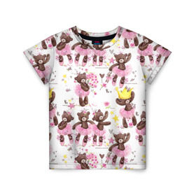 Детская футболка 3D с принтом Плюшевые мишки , 100% гипоаллергенный полиэфир | прямой крой, круглый вырез горловины, длина до линии бедер, чуть спущенное плечо, ткань немного тянется | акварель | балерина | медведи | пачка | пуанты | рисунок | розовый | теди | цветы