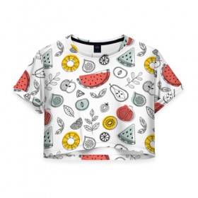 Женская футболка 3D укороченная с принтом Летний микс , 100% полиэстер | круглая горловина, длина футболки до линии талии, рукава с отворотами | ананас | апельсин | арбуз | груша | еда | клубника | лето | листья | минимализм | персик | раскраска | фрукты | ягоды