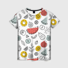 Женская футболка 3D с принтом Летний микс , 100% полиэфир ( синтетическое хлопкоподобное полотно) | прямой крой, круглый вырез горловины, длина до линии бедер | Тематика изображения на принте: ананас | апельсин | арбуз | груша | еда | клубника | лето | листья | минимализм | персик | раскраска | фрукты | ягоды