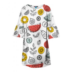 Детское платье 3D с принтом Летний микс , 100% полиэстер | прямой силуэт, чуть расширенный к низу. Круглая горловина, на рукавах — воланы | ананас | апельсин | арбуз | груша | еда | клубника | лето | листья | минимализм | персик | раскраска | фрукты | ягоды