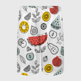 Детские спортивные шорты 3D с принтом Летний микс ,  100% полиэстер
 | пояс оформлен широкой мягкой резинкой, ткань тянется
 | ананас | апельсин | арбуз | груша | еда | клубника | лето | листья | минимализм | персик | раскраска | фрукты | ягоды
