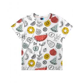 Детская футболка 3D с принтом Летний микс , 100% гипоаллергенный полиэфир | прямой крой, круглый вырез горловины, длина до линии бедер, чуть спущенное плечо, ткань немного тянется | ананас | апельсин | арбуз | груша | еда | клубника | лето | листья | минимализм | персик | раскраска | фрукты | ягоды